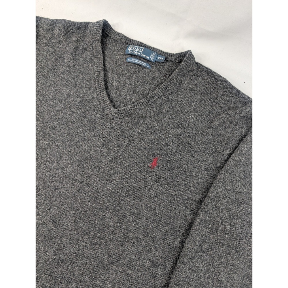 Vintage‎ Polo Ralph Lauren Sweater Men's 2XL Gray 100% Lambs Wool V-Neck Preppy